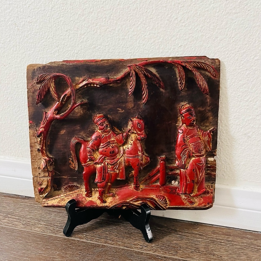 Antique Chinese Hand Carved Red Gold-Gilt Wood Panel High Relief 7.5/10 Inches